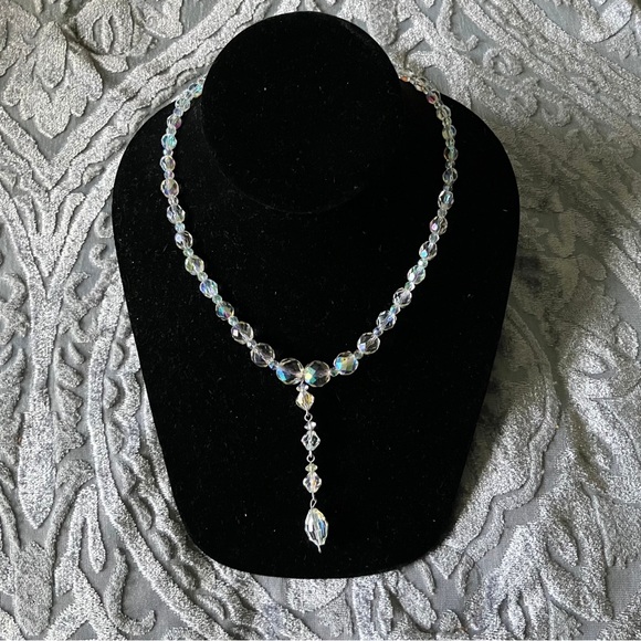 Vintage Jewelry - Vintage 50s Clear Crystal Aurora Borealis AB Iridiescent Glass Beaded Y Necklace